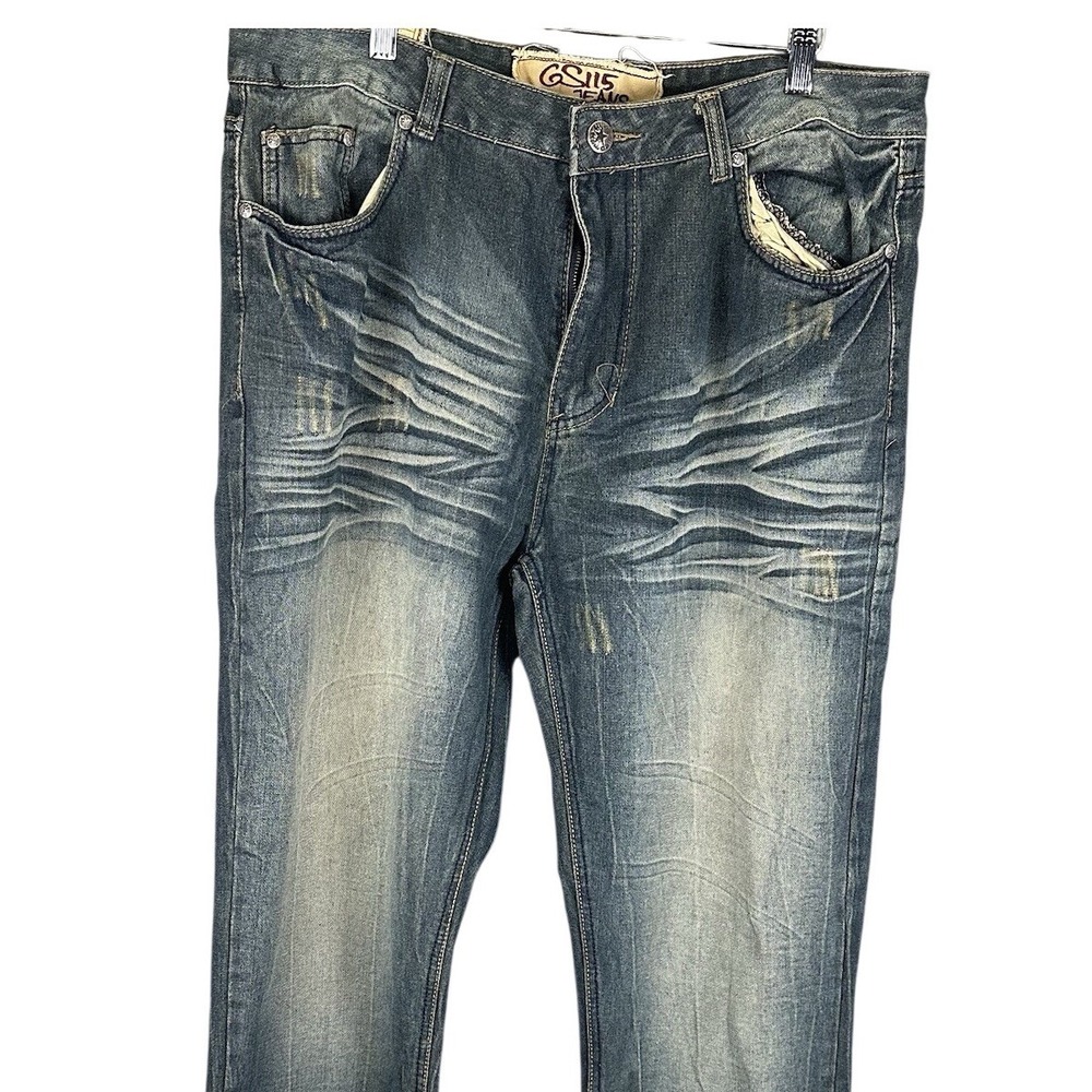 GS115 Jeans Men Blue Sandblasted Wash Straight Leg Embroidered Back Pocket Denim